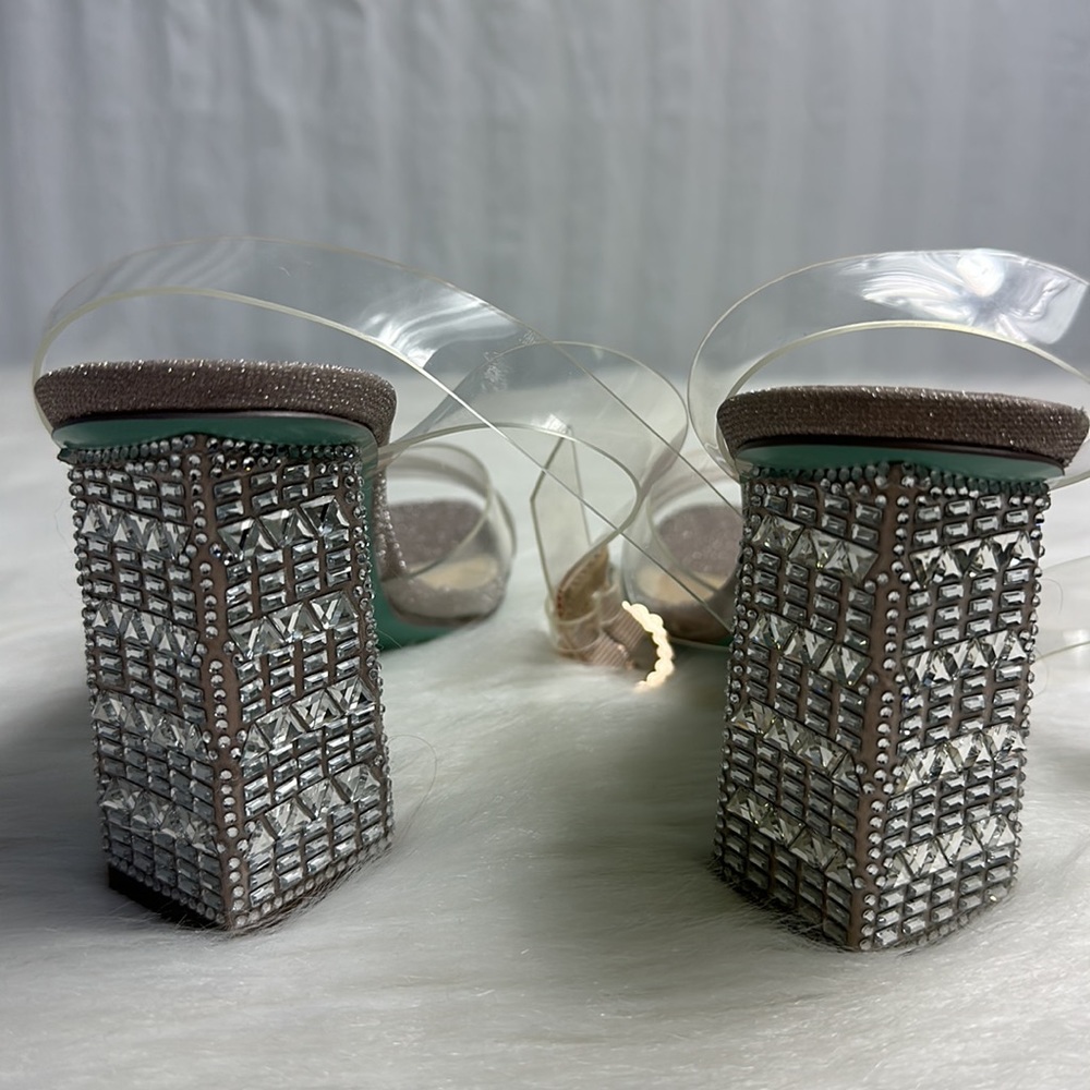 Clear Strap Crystal Block Heel Sandals - Women's Taupe